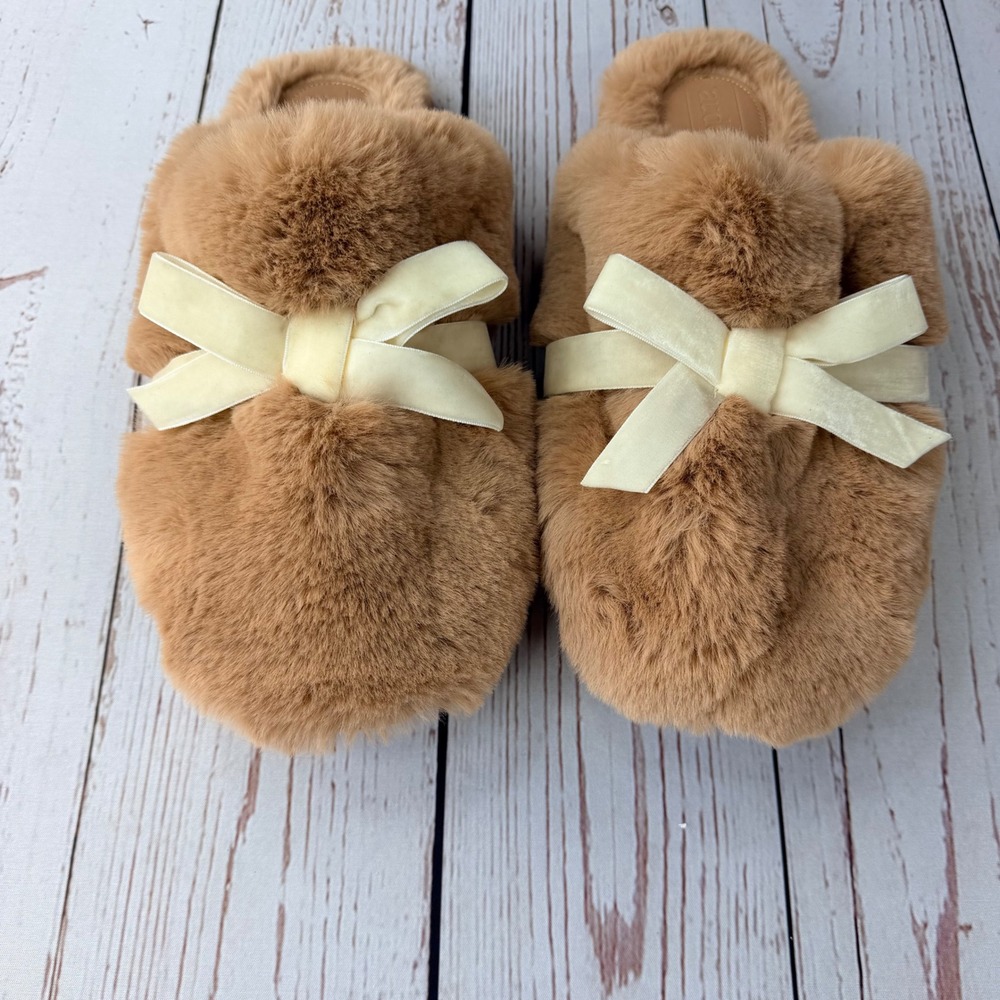 Auden Women Camel Brown Faux Fur Slide Slippers Cream Velvet Bow Size XL 11-12